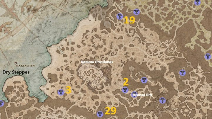 There are 4 Altars to discover in Kotama Grasslands - Diablo 4: Altars of Lilith - Dry Steppes - Altars of Lilith - Diablo 4 Guide