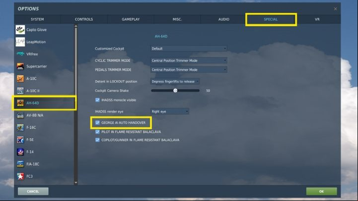 Make sure that the "GEORGE AI AUTO HANDOVER" option is selected in the settings and special options menu for the AH-64D - DCS AH-64D Apache: George AI Helper - how to use AI crew member? - Basics - DCS AH-64 Apache Guide
