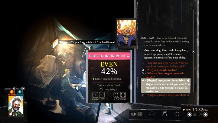 You must first complete the Solve the Egg Head Puzzle, where you need to talk to Egg Head (from the ravers tent) twice - Disco Elysium: Make van Eycks Jam Harder Core - walkthrough - Church and the Ravers - Disco Elysium Guide