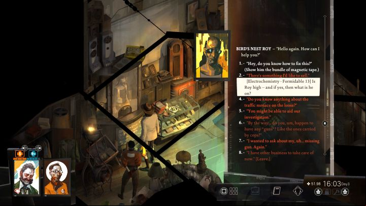 With the acquired bundle of magnetic tape, go to the pawnshop, to the west of the tree - Disco Elysium: Make van Eycks Jam Harder Core - walkthrough - Church and the Ravers - Disco Elysium Guide