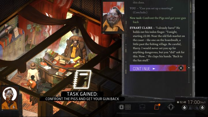 You must first complete the tasks: Track down your gun, Open apartment door for Evrart, and Get two signatures for Evrart - Disco Elysium: Confront the Pigs and get your gun back - walkthrough - Personal - Disco Elysium Guide