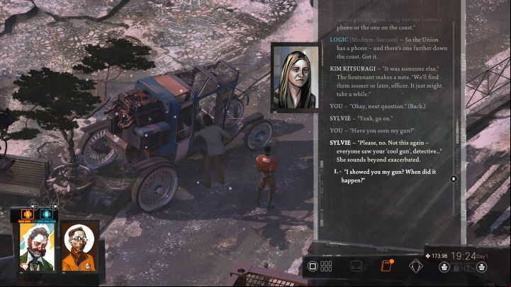 Talking to Sylvie over the police radio (you need to get to Kim's car) is part of another task Who made the call reporting the crime - Disco Elysium: Track down your gun - walkthrough - Personal - Disco Elysium Guide