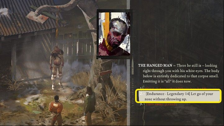 After acquiring ammonia, return to the hanging corpse and try to the Endurance skill check - Disco Elysium: Inspect Victims Body - walkthrough - Body identification - Disco Elysium Guide