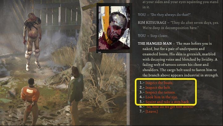 Now you have to examine the body - select all dialogue options and check all possible clues to get as much information as possible - Disco Elysium: Inspect Victims Body - walkthrough - Body identification - Disco Elysium Guide