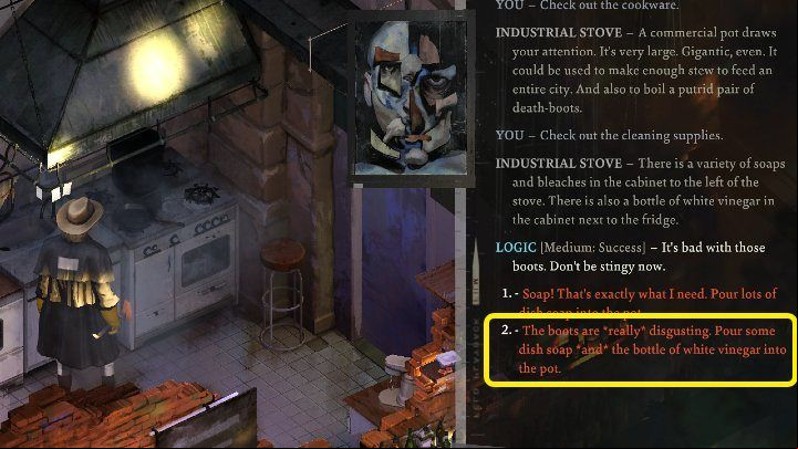Interact with a large pot on the stove (marked on the screenshot) - Disco Elysium: Getting the Hanged Mans boots - walkthrough - Equipment - Disco Elysium Guide