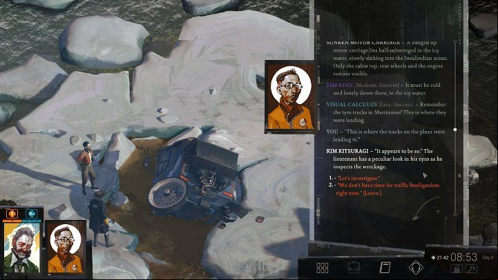 Go through the water lock, approach the wrecked vehicle and examine it by selecting the Let's investigate dialog option - Disco Elysium: Track down your badge - walkthrough - Personal - Disco Elysium Guide