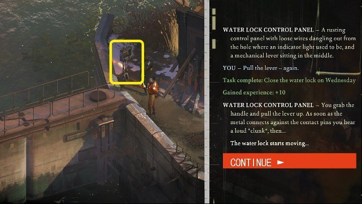 The task is very simple - wait until the third day, then interact with the control at the water lock and pull the lever - Disco Elysium: Close the water lock on Wednesday - walkthrough - Other - Disco Elysium Guide