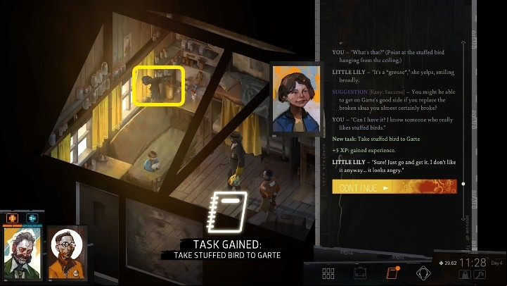 You will receive the task when you ask the little girl sitting on the bed about the stuffed bird that hangs under the ceiling - Disco Elysium: Take a stuffed bird to Garte - walkthrough - Other - Disco Elysium Guide