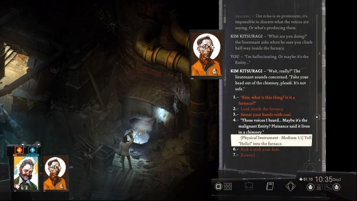 Examine the furnace, then try to the Physical Instrument skill check (you can make it easier by kicking the furnace beforehand, but Harry will lose 2 health points as a result) and you will hear a female voice coming from inside the shaft - Disco Elysium: Investigate Doomed Commercial Area - walkthrough - Doomed Commercial Area - Disco Elysium Guide