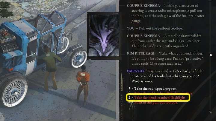 Look inside, then open the Toolbox - you will find the Flashlight - Disco Elysium: How to get flashlight? - FAQ - Disco Elysium Guide