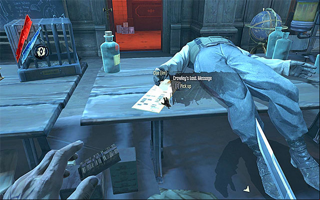 Before you focus on the new thing to do, it would be a good idea to deal with two nearby guards (one of them has a Galvani building key), although, all in all you may try and go around them - Finding Crowley in Dr Galvani's flat - Mission 3 - House of Pleasure - Dishonored - Game Guide and Walkthrough