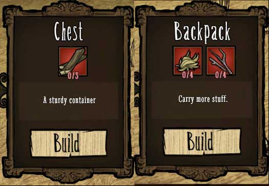 This means that what you should create is a Backpack and a Chest - Camp expansion - Setting up a camp - Dont Starve - Game Guide and Walkthrough