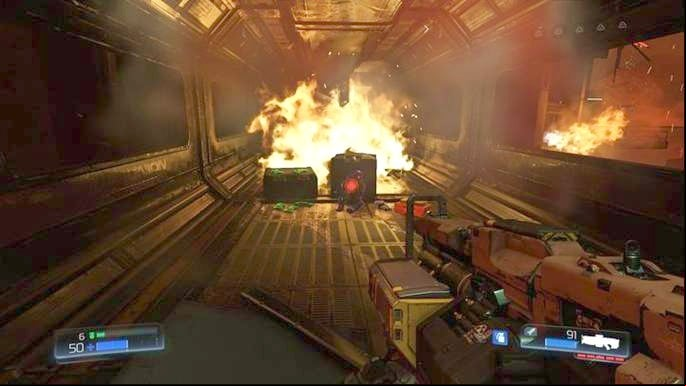Walk forward and you will notice a ruined corridor below - Doom: Destroyed Argent Facility Walkthrough - Walkthrough - Doom Game Guide & Walkthrough