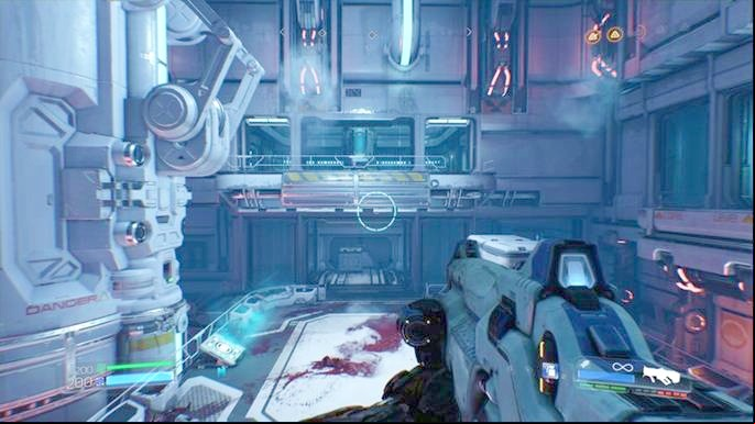 Jump to the exit by using the gravity jump after you destroy all four targets - Doom: VEGA Central Processing Walkthrough - Walkthrough - Doom Game Guide & Walkthrough