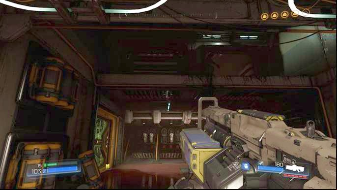Go back to the entrance after collecting the yellow key and jump one floor above - Doom: All secrets in Destroyed Argent Facility - Secrets - Doom Game Guide & Walkthrough