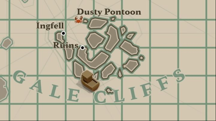 An exemplary fishery from the picture is located in the southern part of Gale Cliffs - sail there from the west or the east site so you don't waste time looking for paths between the rocks - Dredge: Best Before - Pursuits - Dredge Guide