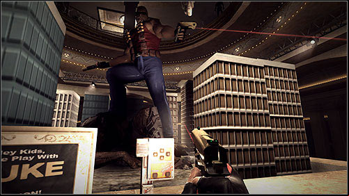 After setting the arm, use the Alien Attack button to lower the building models and use them to get onto the statue - 5.3. The Lady Killer: Part 3 - Campaign - Duke Nukem Forever - Game Guide and Walkthrough