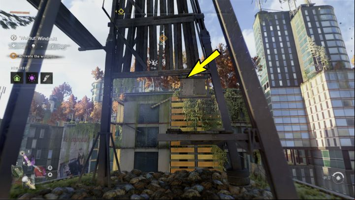 Jump on the wooden landing, then to the boards and grab the yellow board one level higher - Dying Light 2: Downtown (Windmills) - list - Windmills - Dying Light 2 Guide