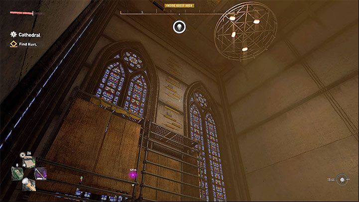 Once you reach the area shown on the picture you must start climbing again - get to the scaffolding, keep grabbing the yellow ledges, jump towards the hanging lamp and then jump to the ledge by the damaged ceiling fragment - Dying Light 2: Cathedral - walkthrough - Story quest - Dying Light 2 Guide