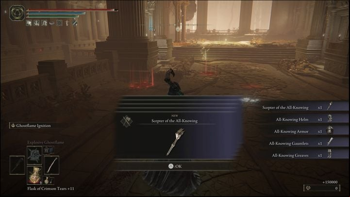 For defeating Sir Gideon Ofnir, the All-Knowing, you will receive 150,000 Runes, his weapon, the Scepter of the All-Knowing and the All-Knowing's Set - Elden Ring: How to beat Sir Gideon Ofnir, the All-Knowing? - Leyndell, Ashen Capital - Elden Ring Guide