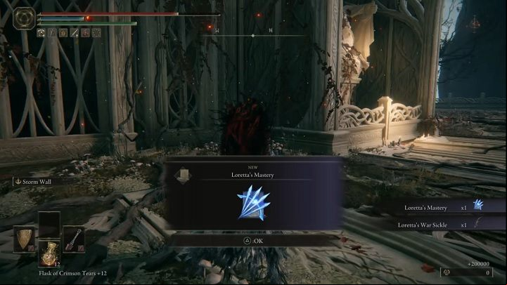 For defeating Loretta, Knight of the Holy Tree, you will receive Runes (200,000) and Loretta 's Mastery and Loretta 's War Sickle - Elden Ring: How to beat Loretta, Knight of the Haligtree? - Miquellas Haligtree - Elden Ring Guide