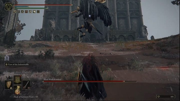 When using the ax, the enemy will perform wide attacks, which are best avoided by dodging towards him (this also applies to horizontal sword attacks) - Elden Ring: How to beat Black Blade Kindred? - Greyoll Dragonbarrows - Elden Ring Guide