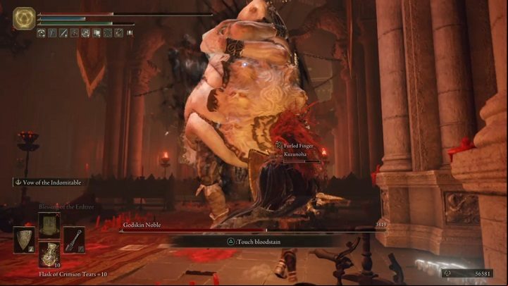 When you deplete half of boss's HP, the fight will go into the second phase - Elden Ring: How to beat Godskin Noble? - Volcano Manor - Elden Ring Guide