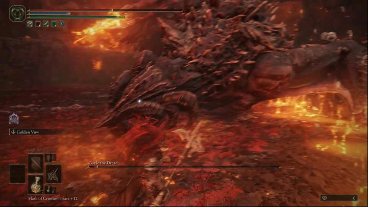 The boss's size also means that shields won't be of much use here - most of the boss's attacks pierce through the block due to their large hitboxes or the elemental damage they deal - Shadow of the Erdtree: How to defeat Bayle the Dread? - Side bosses - Elden Ring Guide