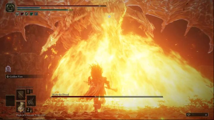 The huge laser attack is also dangerous - Bayle rises into the air and fires the laser twice, once horizontally, then vertically - Shadow of the Erdtree: How to defeat Bayle the Dread? - Side bosses - Elden Ring Guide