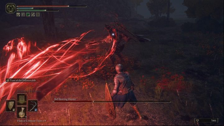 If you need healing, we recommend doing it after avoiding a series of attacks - Elden Ring: How to beat Bell Bearing Hunter? - Stormhill - Elden Ring Guide