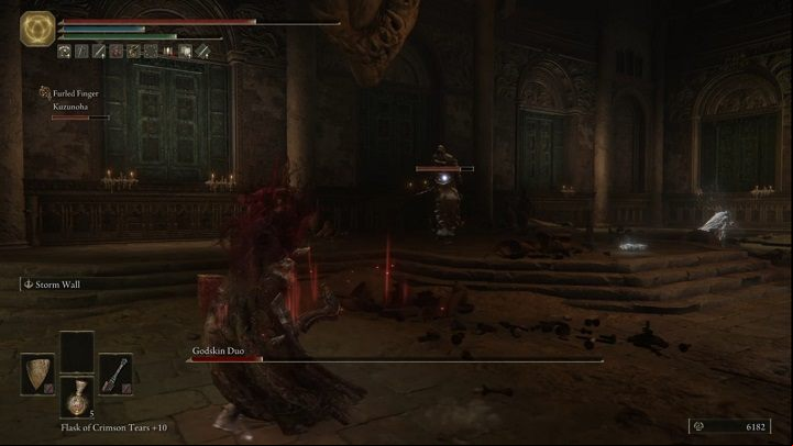 The fight will end when you deplete the main boss bar - before that, you will have to defeat enemies over and over again - Elden Ring: How to beat Godskin Duo? - Crumbling Farum Azula - Elden Ring Guide