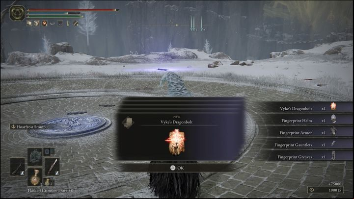 For defeating the Roundtable Knight Vyke, you will receive the Fingerprint's Set, the Vyke's Dragonbolt incantation and 75,000 Runes - Elden Ring: How to beat Roundtable Knight Vyke? - Mountaintops of the Giants - Elden Ring Guide