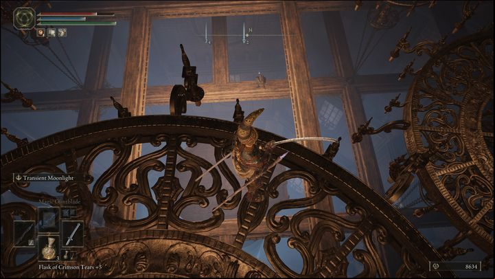 As you find yourself on the chandelier, you must safely reach the wooden beams below - Elden Ring: Ranni questline - walkthrough - Quests - Elden Ring Guide