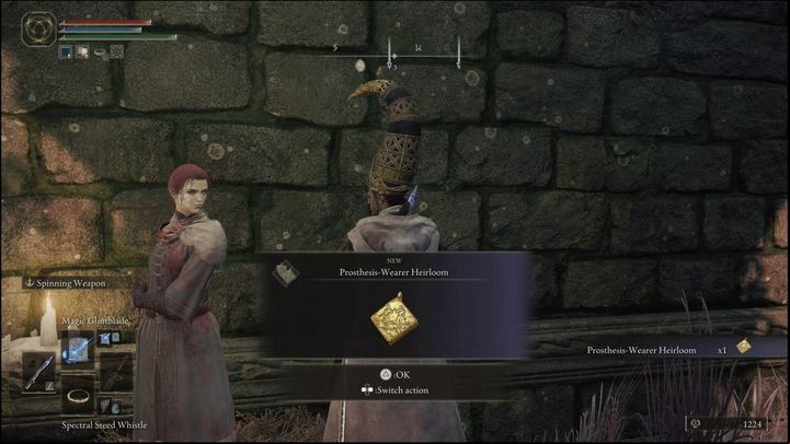 After the new conversation, the quest continues, while you'll receive Prosthesis-Wearer Heirloom talisman - Elden Ring: Millicent and Gowry questline - walkthrough - Quests - Elden Ring Guide