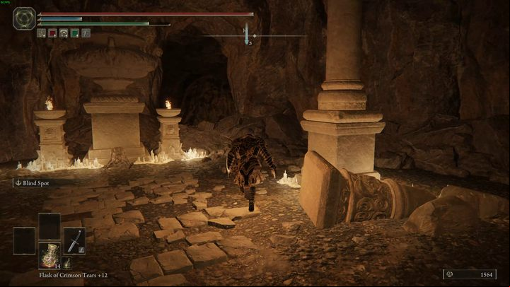 Keep running until you reach a room lit by bonfires on pillars - Shadow of the Erdtree: How to reach Charos Hidden Grave? - Secret locations - Elden Ring Guide