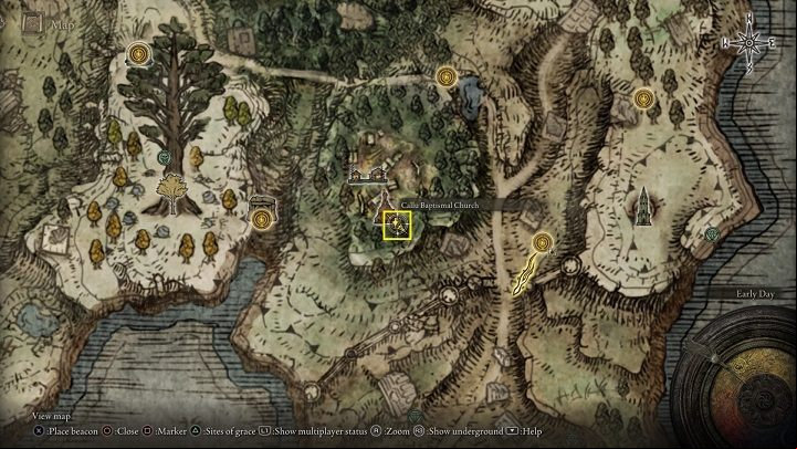 Callu Baptismal Church is located roughly in the center of the Weeping Peninsula, near Ailing Village - Elden Ring: Where to find Sacred Tears? - FAQ - Elden Ring Guide