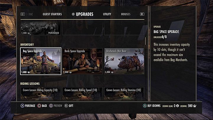 If you dont want to wait or collect gold, the Bag Space Upgrade can also be purchased at The Crown Store - ESO: Inventory - how to expand it? - Game guide - The Elder Scrolls Online Guide
