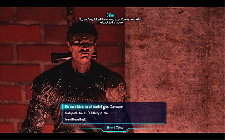 The choices that you can make during the conversation with Galar - Elex: Reaching Regent Rank (The Clerics) - Walkthrough - The Clerics - Elex Game Guide