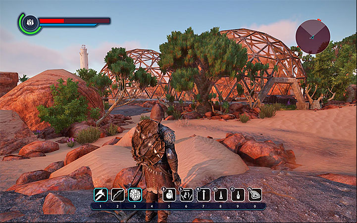 Chainsaber is inside of one of the small domes, presented in the picture, that are south from The Fort (the Outlaws headquarters) in Tavar - Elex: Where to find better weapons at the start? - FAQ - Elex Game Guide