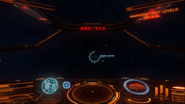 To safely abandon the area where you had been thrown out from the SC mode, warm up the SFD and find the escape vector on the com - Frame Shift Drive - Travelling - Elite: Dangerous - Game Guide and Walkthrough
