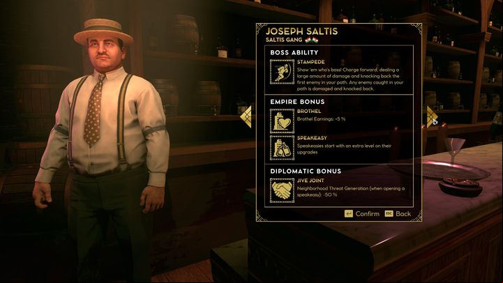 Joseph Saltis is a character that works great if you aim for more diplomatic gameplay and plan to build your empire on establishing relationships with other gangs - Empire of Sin: Joseph Saltis-boss, characteristics - Bosses - Empire of Sin Guide