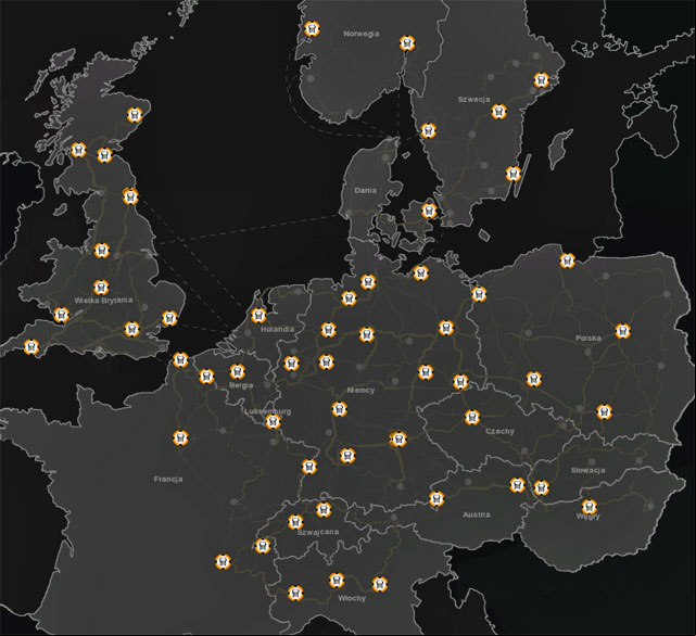 The map shows all the truck dealers in the game. - ETS 2: Scandinavia - Truck dealers - Basics - Euro Truck Simulator 2: Scandinavian Expansion Game Guide