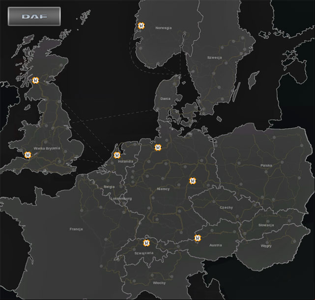The map shows DAF brand shops (includes expansions Poland and Scandinavia). - ETS 2: Scandinavia - DAF, IVECO, MAN - mapy - Basics - Euro Truck Simulator 2: Scandinavian Expansion Game Guide