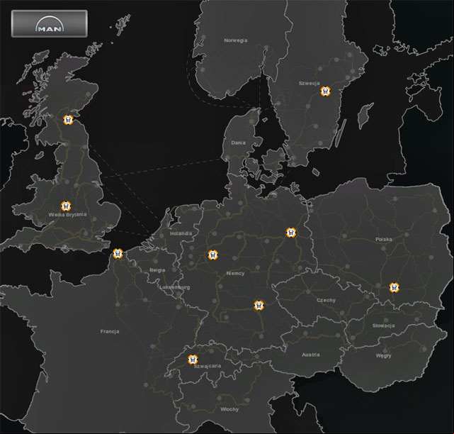The map shows MAN shops (includes expansions Poland and Scandinavia). - ETS 2: Scandinavia - DAF, IVECO, MAN - mapy - Basics - Euro Truck Simulator 2: Scandinavian Expansion Game Guide