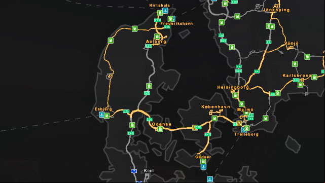 Road map of Denmark. - ETS 2: Scandinavia - Denmark | Roads characteristic - Roads characteristic - Euro Truck Simulator 2: Scandinavian Expansion Game Guide