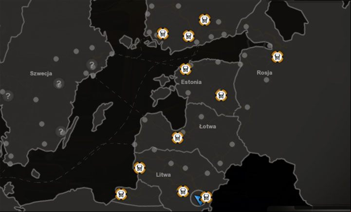 The map presents all truck dealers available in the expansion pack. - New truck dealers in Euro Truck Simulator 2 Beyond the Baltic Sea - Whats new? - Euro Truck Simulator 2 Game Guide