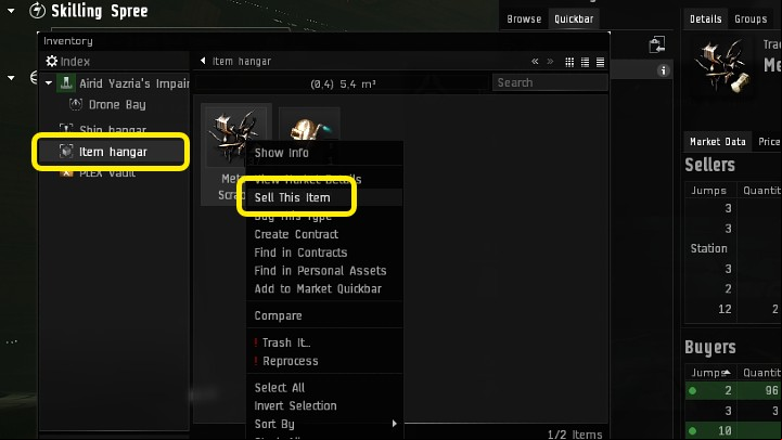 Once the items are in the Hangar, click RMB on the selected item and select Sell This Item - EVE Online: Market - how to sell? - FAQ - EVE Online Guide
