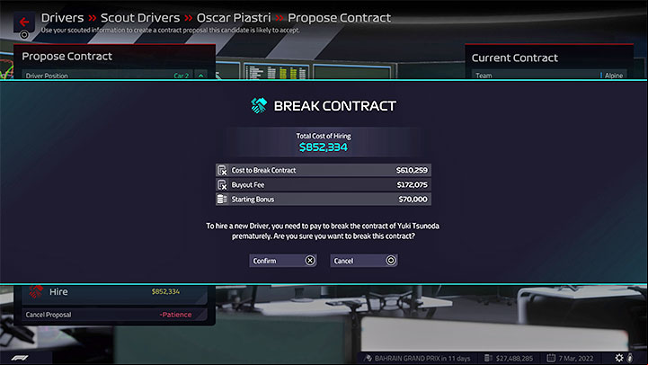 When selecting a candidate for a driver position, you have 3 main options - F1 Manager 2022: Hiring drivers - statistics, contracts - Basics - F1 Manager 2022 Guide