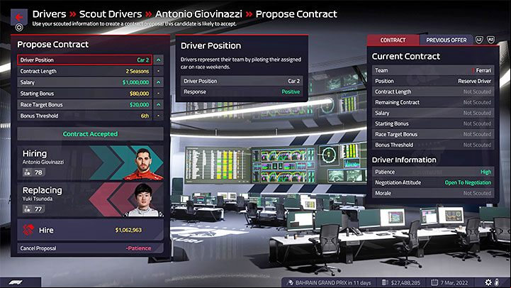 Negotiation is about setting the of the contract and sending them to the driver with the hope that he will accept them - F1 Manager 2022: Hiring drivers - statistics, contracts - Basics - F1 Manager 2022 Guide