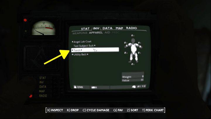 After adding the torch to your inventory, make sure it is active (Apparel tab) - there must be a visible dot next to its name - Fallout London: How to brighten the game and turn on the torch? - Technical issues - Fallout London Guide